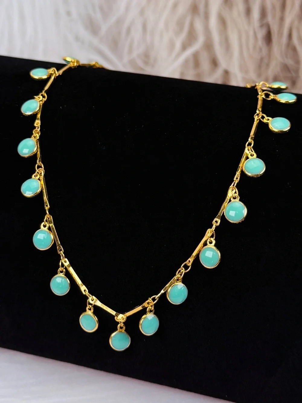 Turquoise Color Gold Tone Bezel Drop Station Necklace Adjustable Dangle Jewelry
